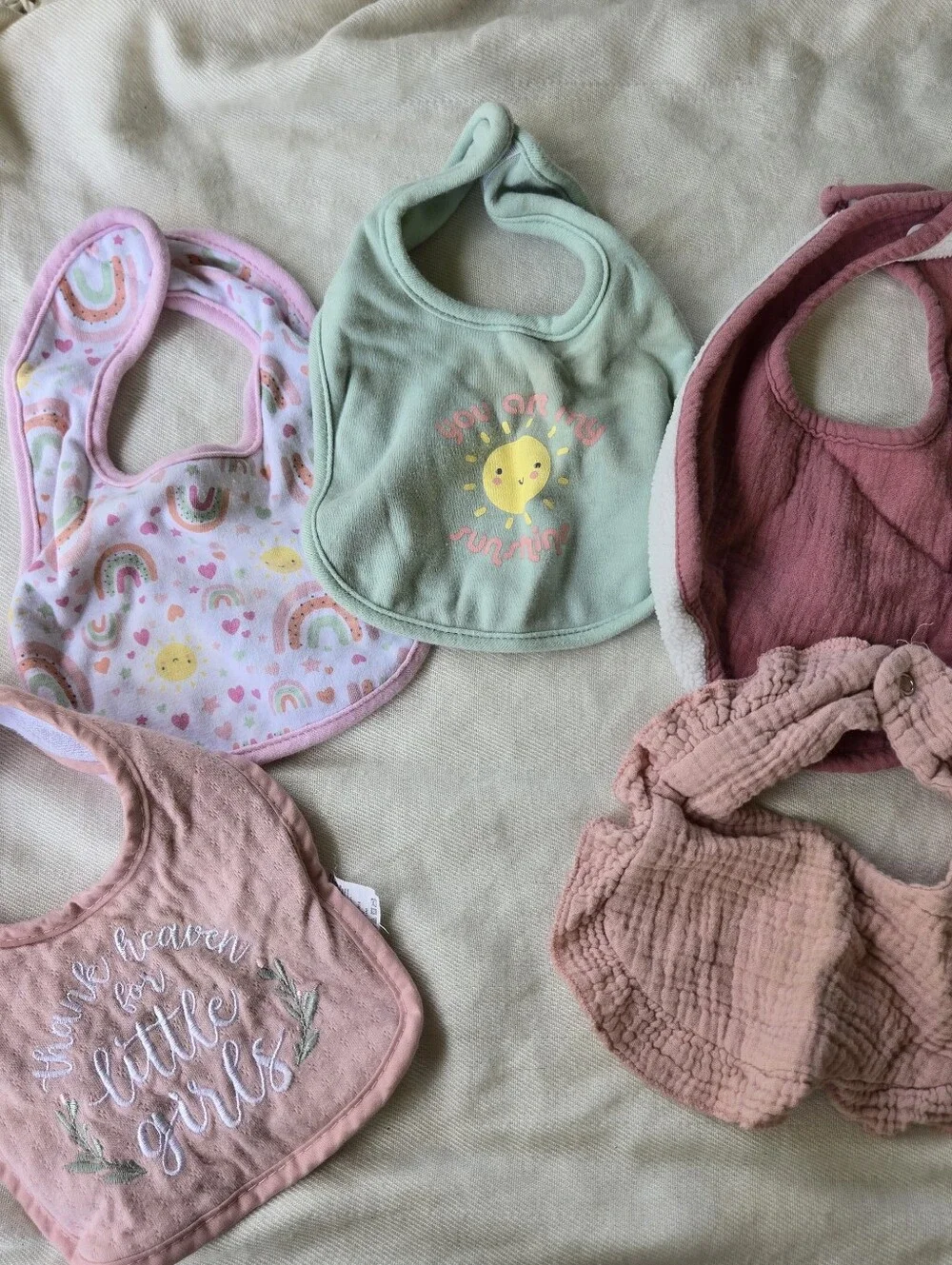 5 Baby Bibs Mixed Colors Pink And Green